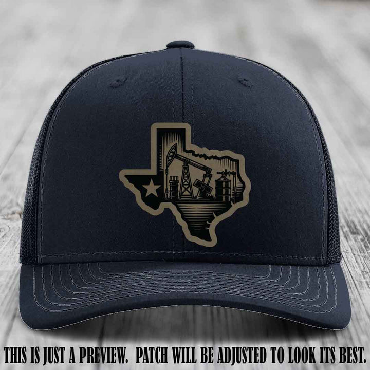 Texas Oilfield Pride design on a Light Brown to Black Patch leather patch Richardson 112 Navy Hat