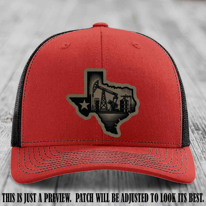 Texas Oilfield Pride design on a Light Brown to Black Patch leather patch Richardson 112 Red to Black Hat