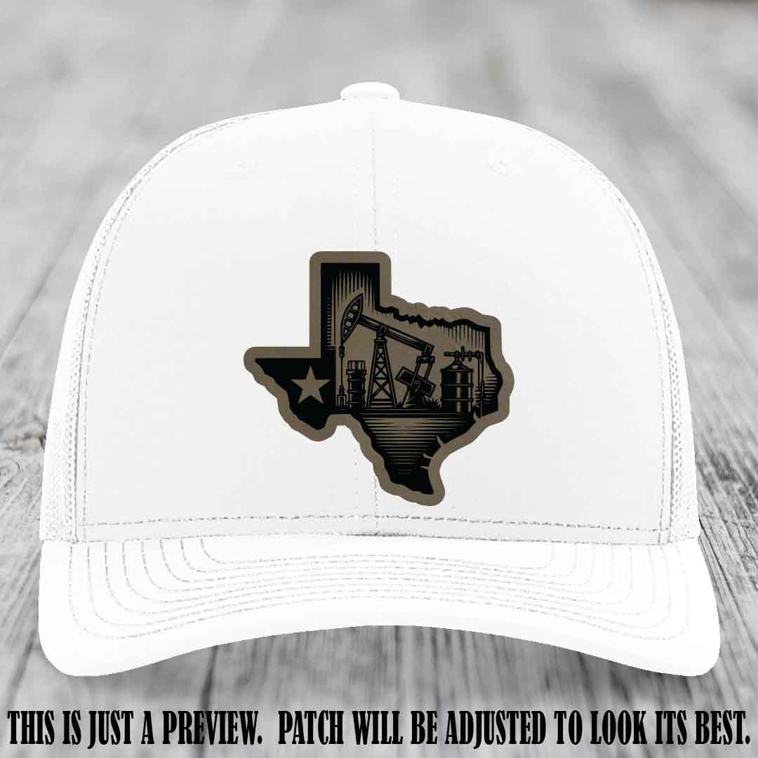 Texas Oilfield Pride design on a Light Brown to Black Patch leather patch Richardson 112 White Hat