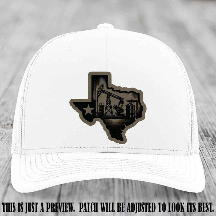 Texas Oilfield Pride design on a Light Brown to Black Patch leather patch Richardson 112 White Hat