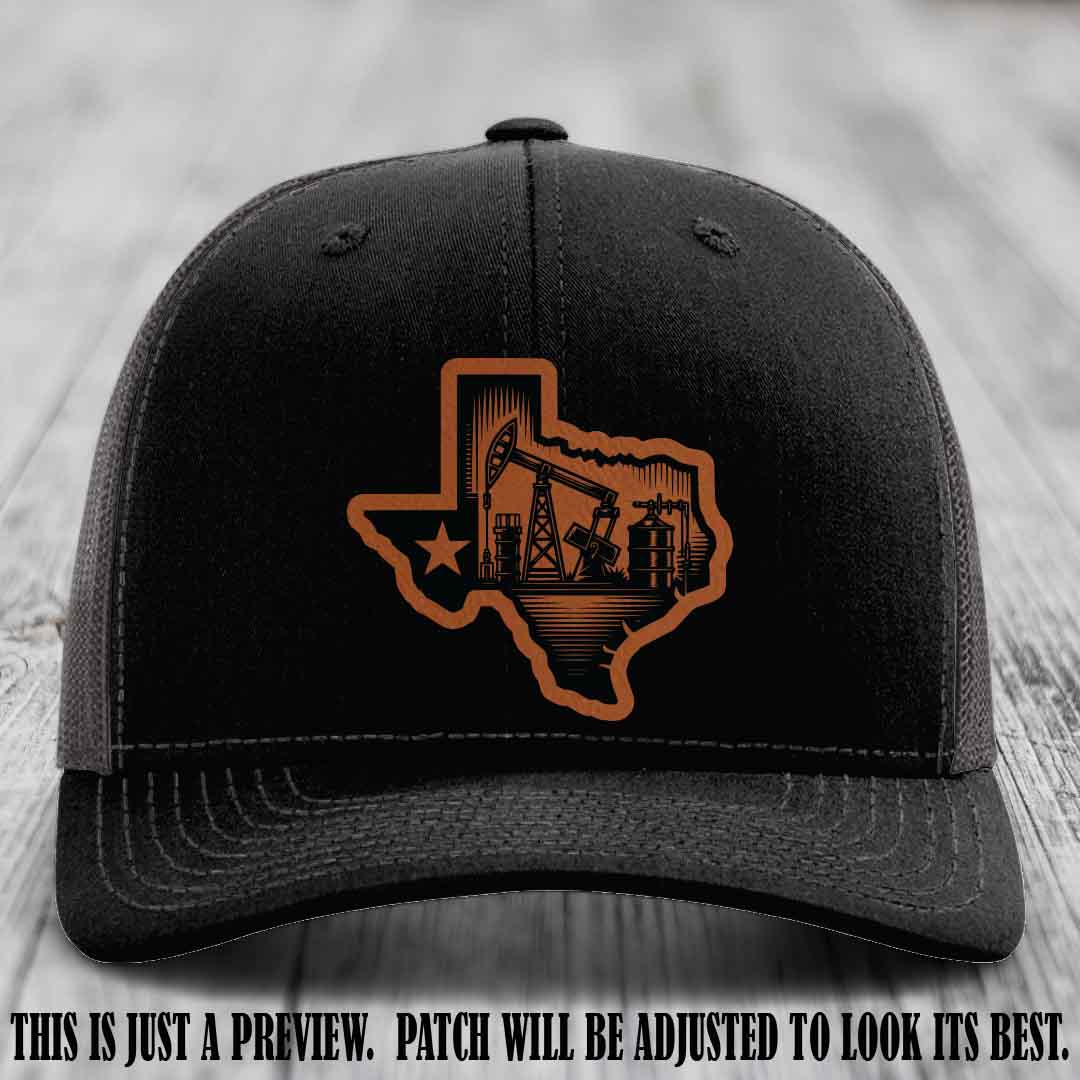 Texas Oilfield Pride design on a Rawhide to Black Patch leather patch Richardson 112 Black to Charcoal Hat