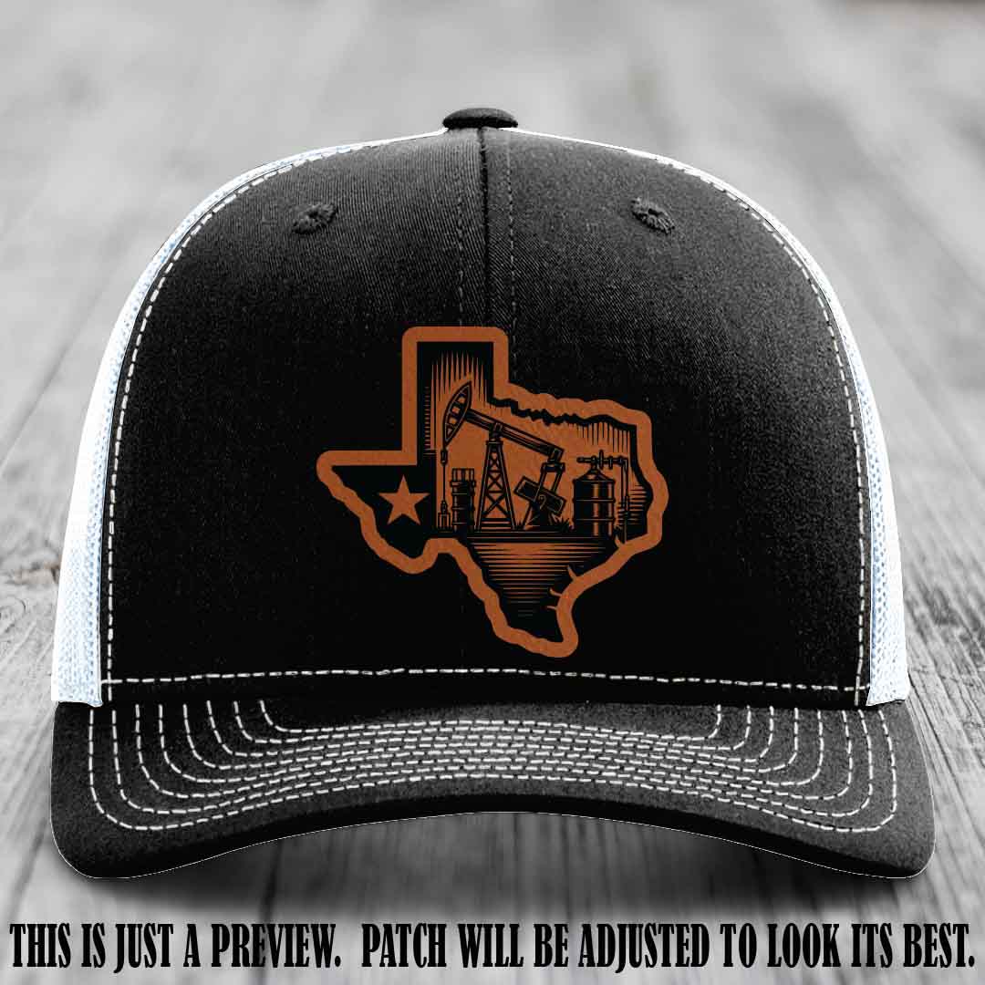 Texas Oilfield Pride design on a Rawhide to Black Patch leather patch Richardson 112 Black to White Hat