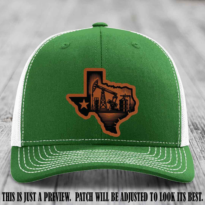 Texas Oilfield Pride design on a Rawhide to Black Patch leather patch Richardson 112 Kelly to White Hat