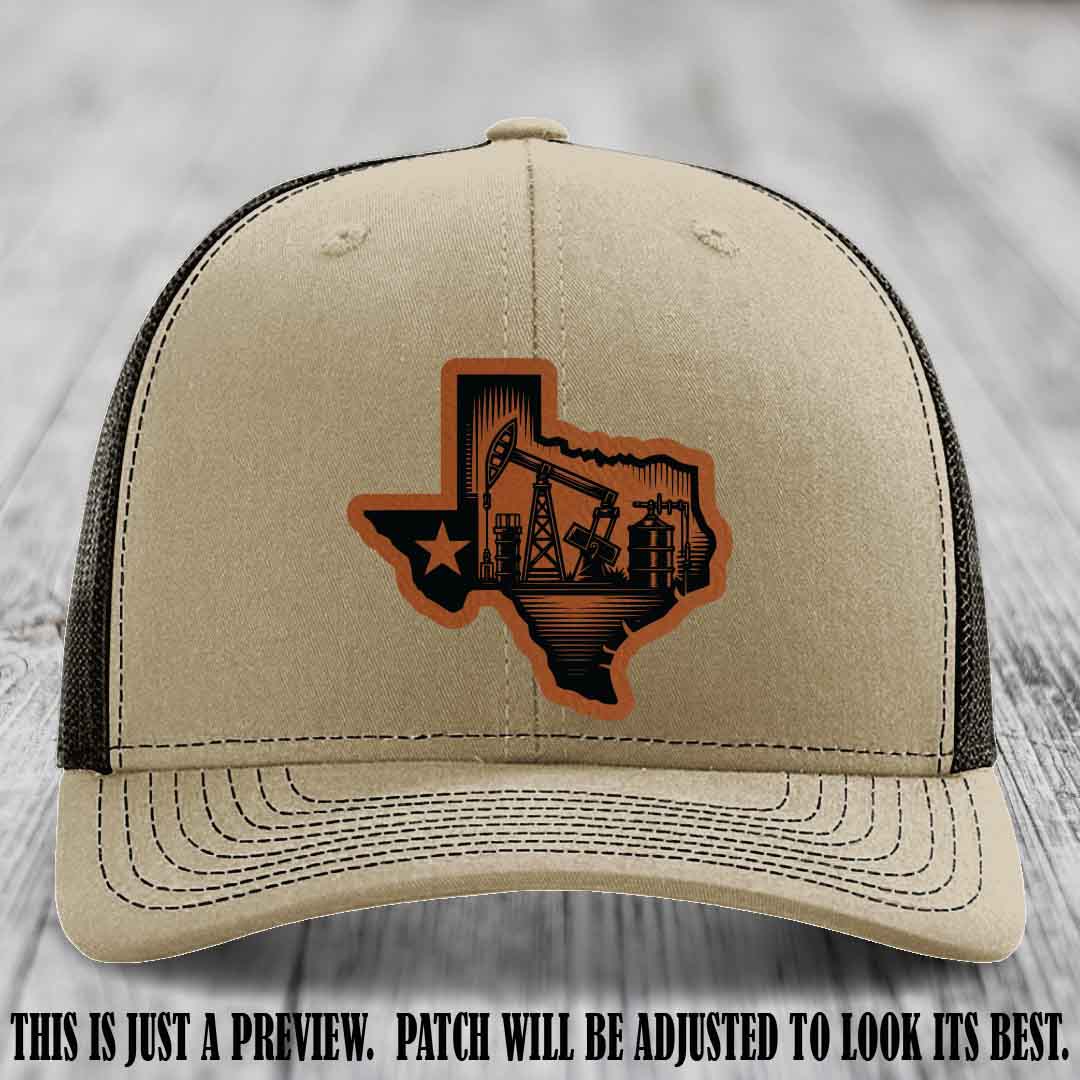 Texas Oilfield Pride design on a Rawhide to Black Patch leather patch Richardson 112 Khaki to Coffee Hat