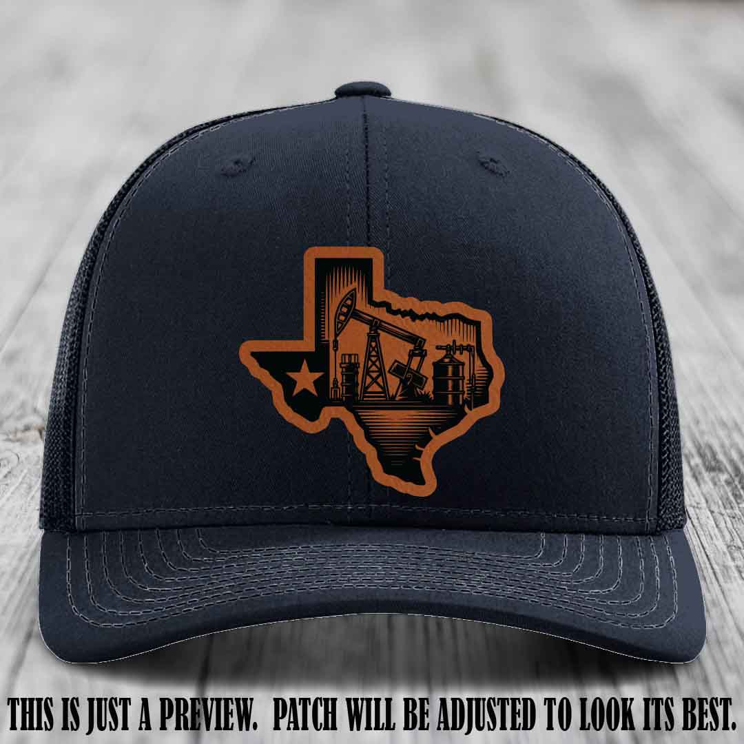 Texas Oilfield Pride design on a Rawhide to Black Patch leather patch Richardson 112 Navy Hat