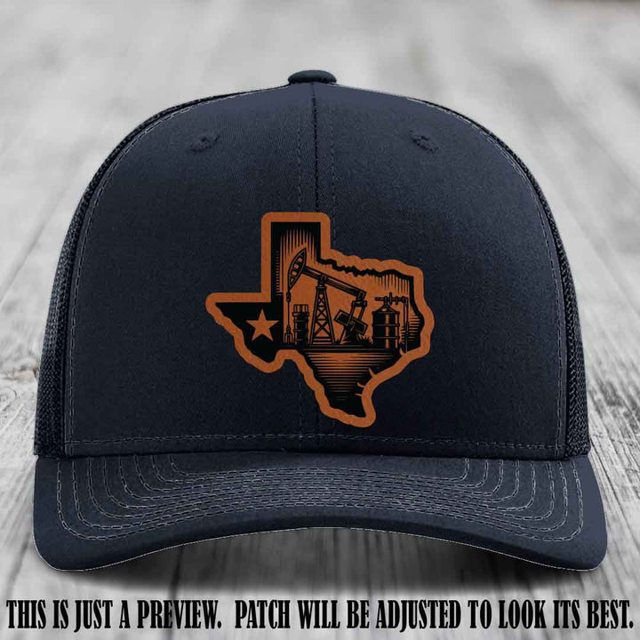 Texas Oilfield Pride design on a Rawhide to Black Patch leather patch Richardson 112 Navy Hat