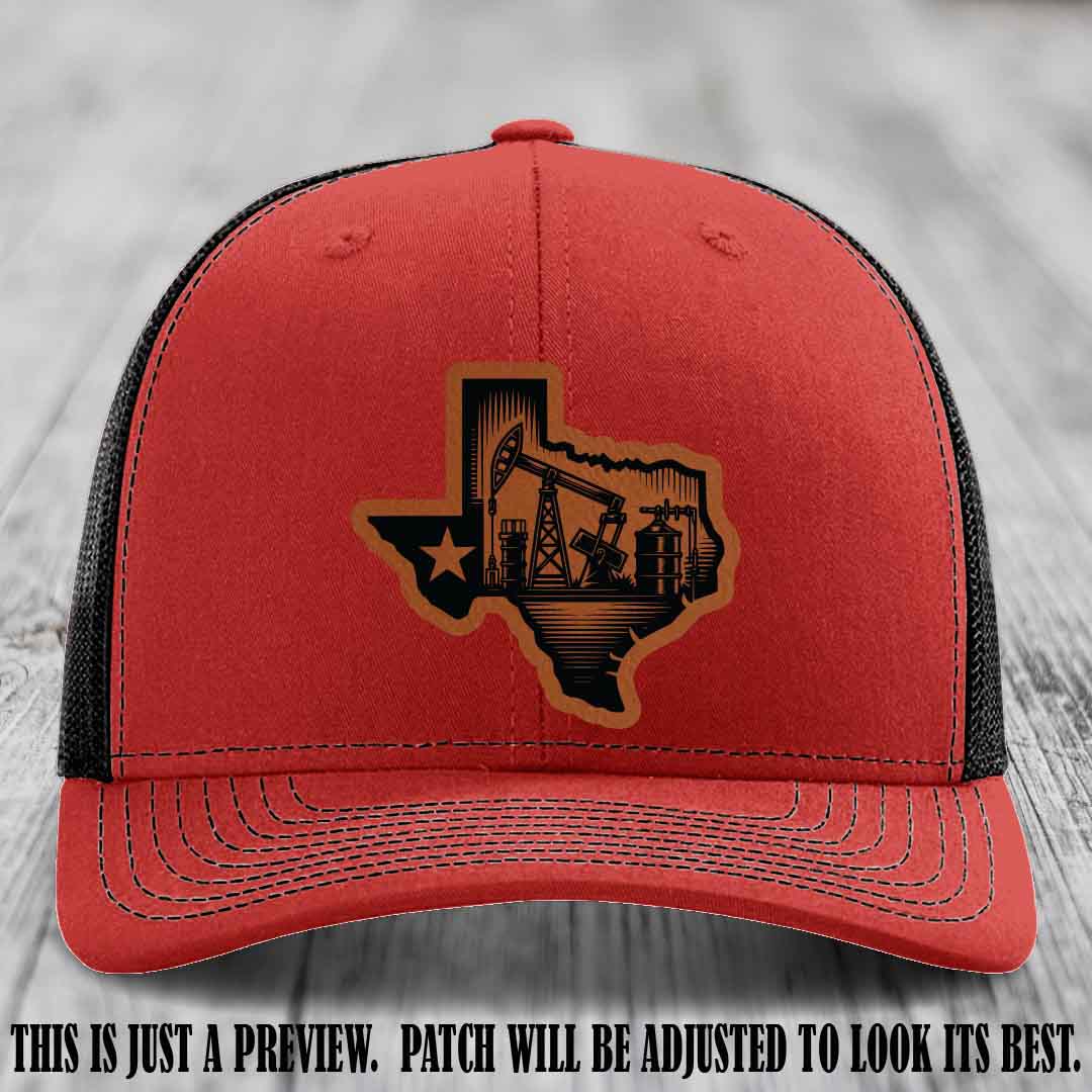 Texas Oilfield Pride design on a Rawhide to Black Patch leather patch Richardson 112 Red to Black Hat
