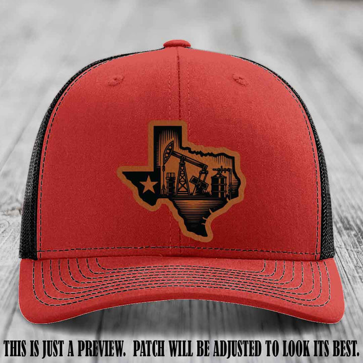 Texas Oilfield Pride design on a Rawhide to Black Patch leather patch Richardson 112 Red to Black Hat