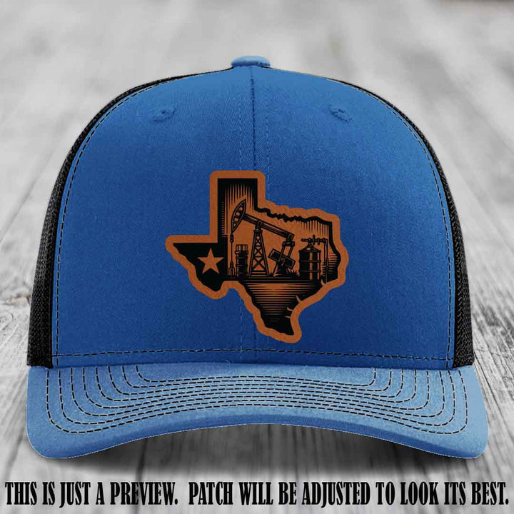 Texas Oilfield Pride design on a Rawhide to Black Patch leather patch Richardson 112 Royal to Black Hat