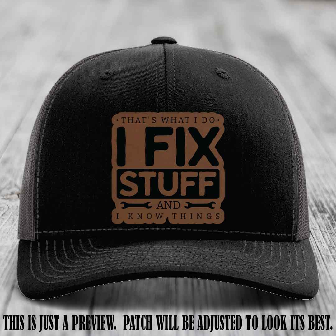 I Fix Stuff Dark Brown to Black Patch 🛠️ Leather Patch Hat on Black to Charcoal Hat