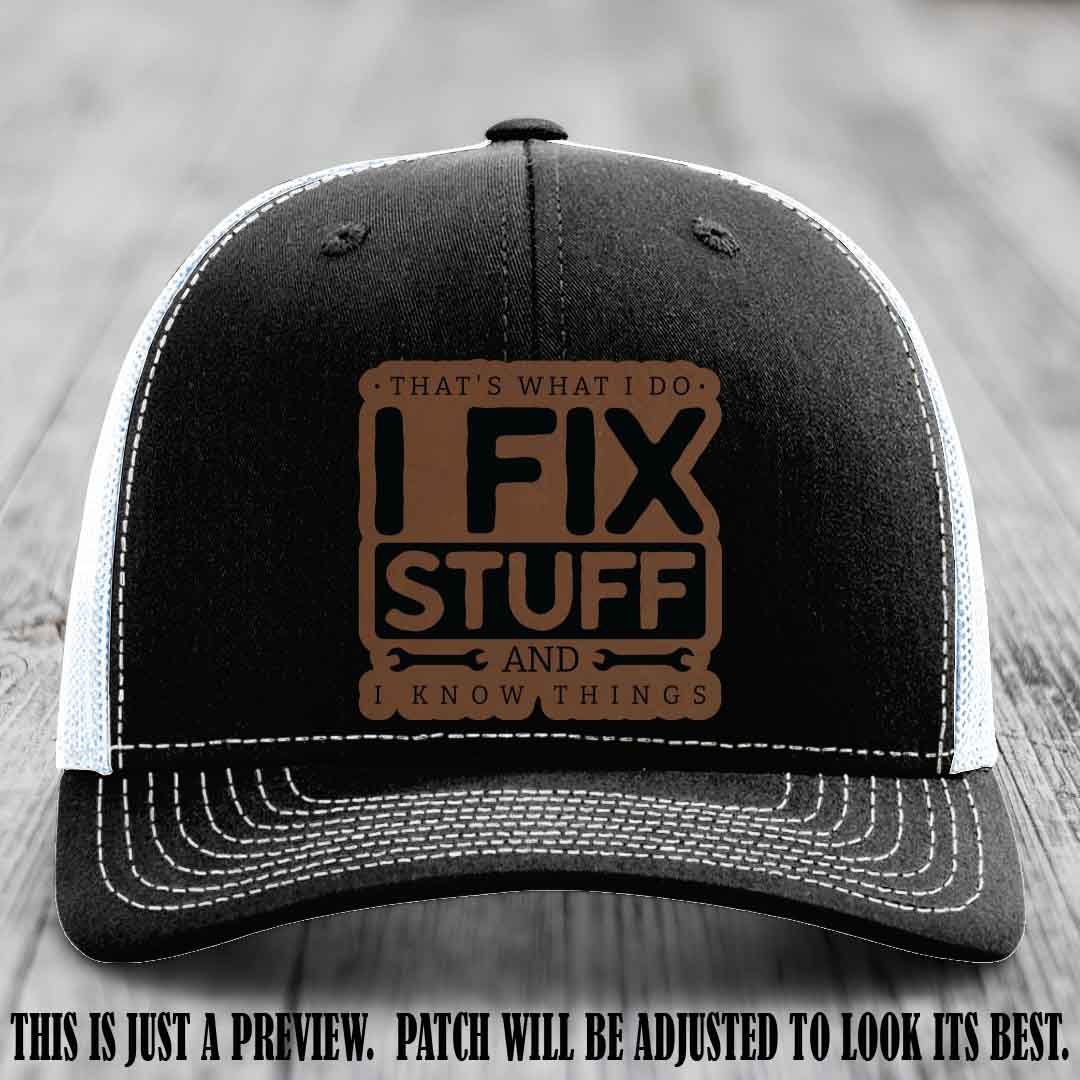 I Fix Stuff Dark Brown to Black Patch 🛠️ Leather Patch Hat on Black to White Hat