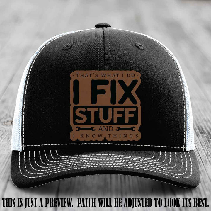 I Fix Stuff Dark Brown to Black Patch 🛠️ Leather Patch Hat on Black to White Hat