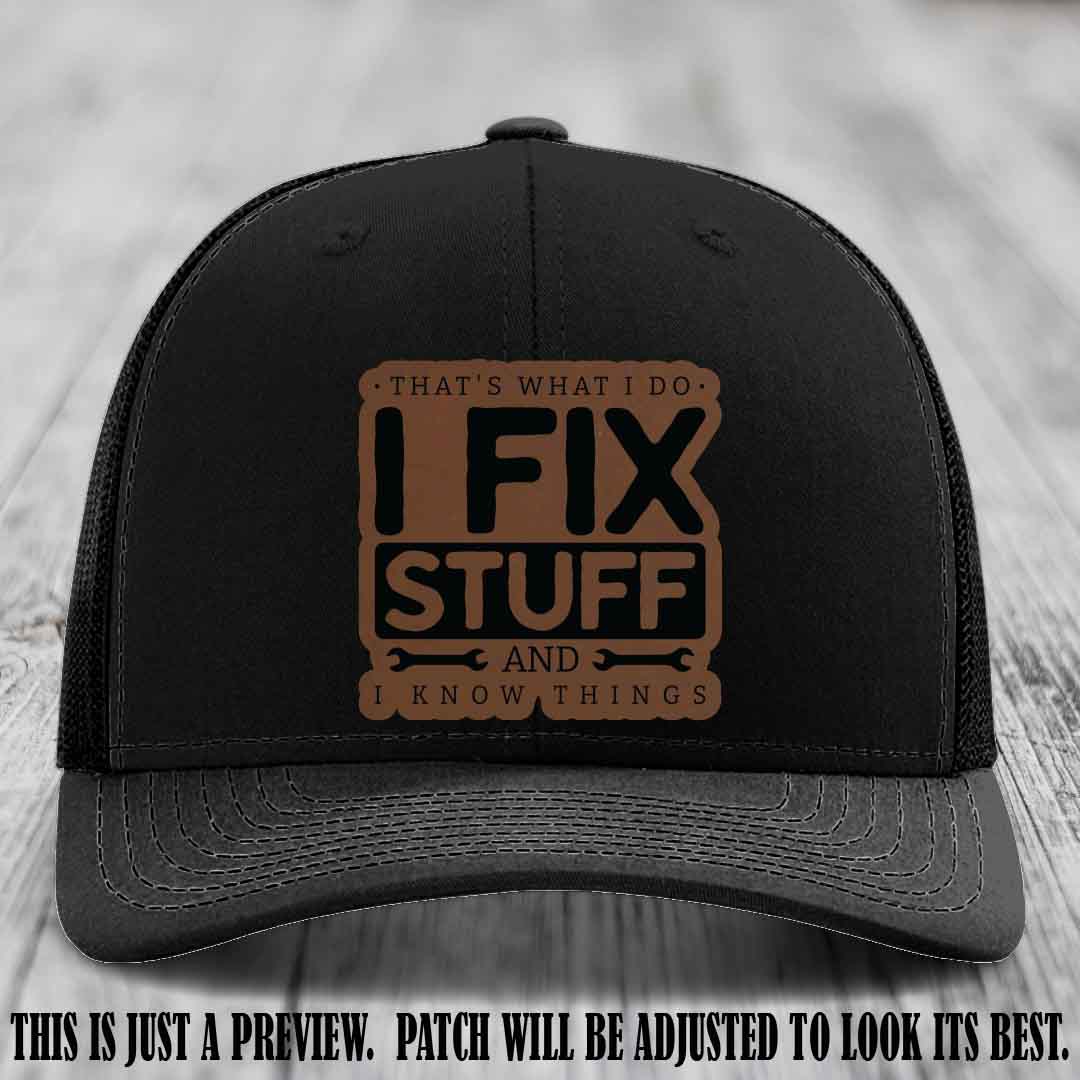 I Fix Stuff Dark Brown to Black Patch 🛠️ Leather Patch Hat on Black Hat