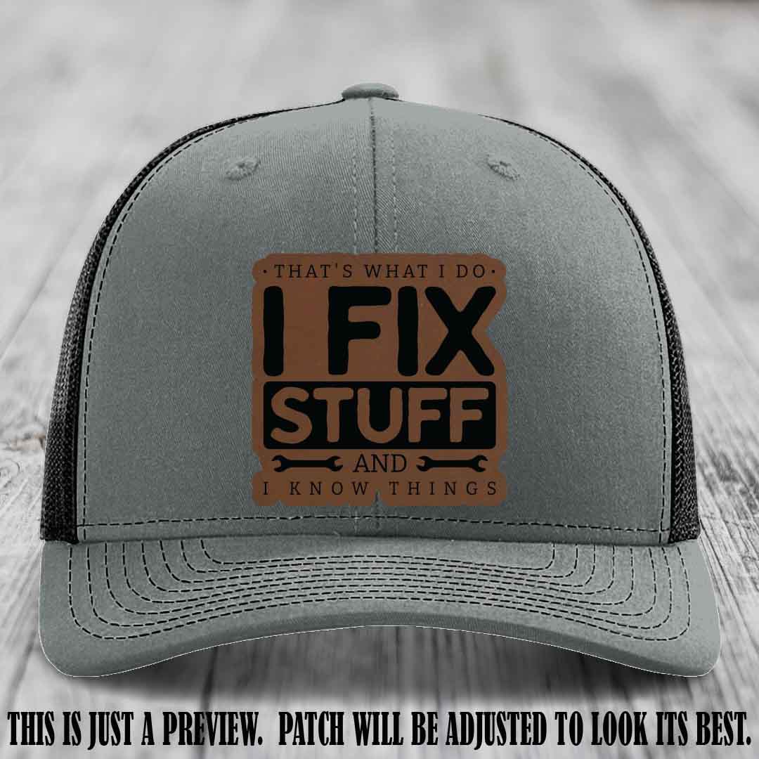 I Fix Stuff Dark Brown to Black Patch 🛠️ Leather Patch Hat on Heather Grey to Black Hat
