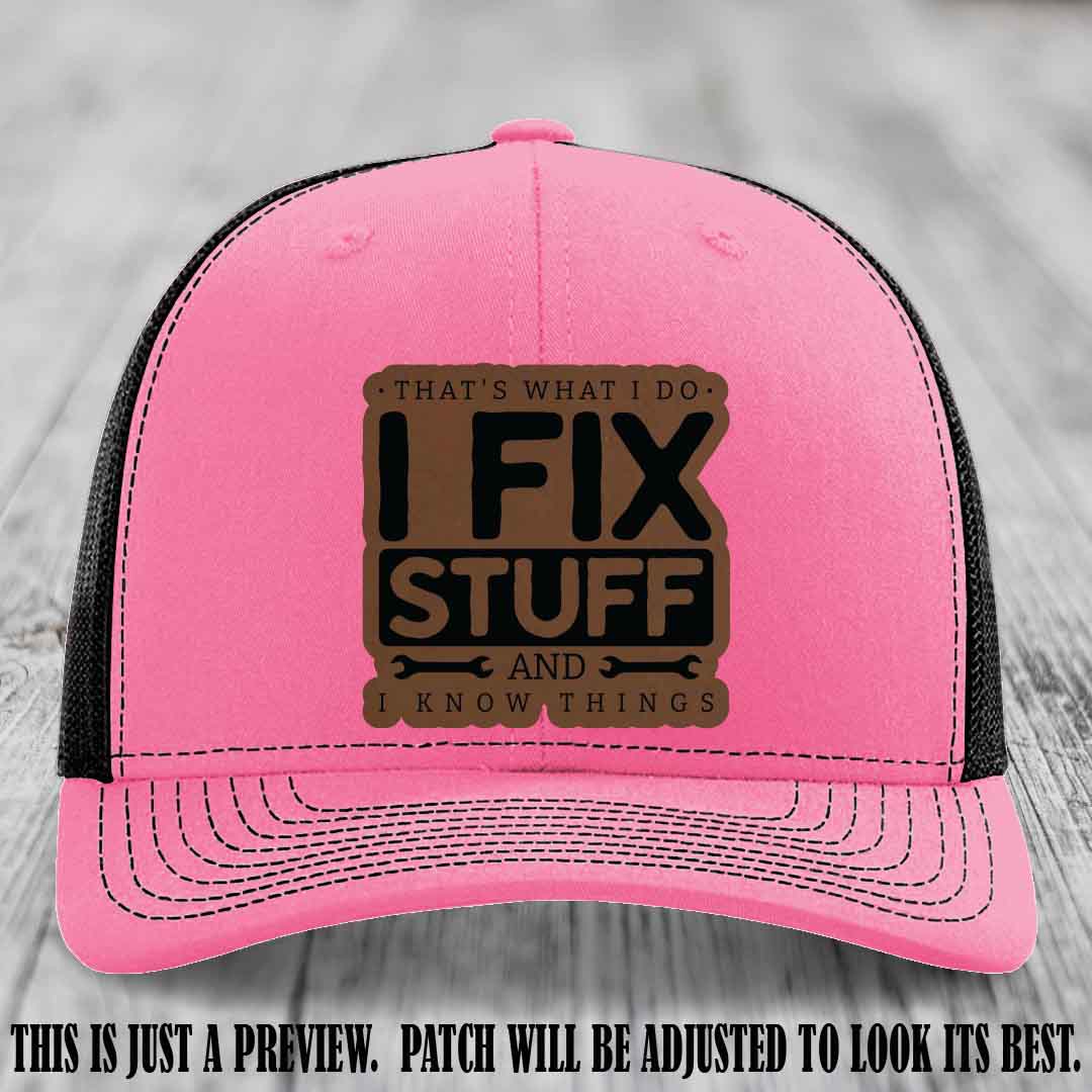 I Fix Stuff Dark Brown to Black Patch 🛠️ Leather Patch Hat on Hot Pink to Black Hat