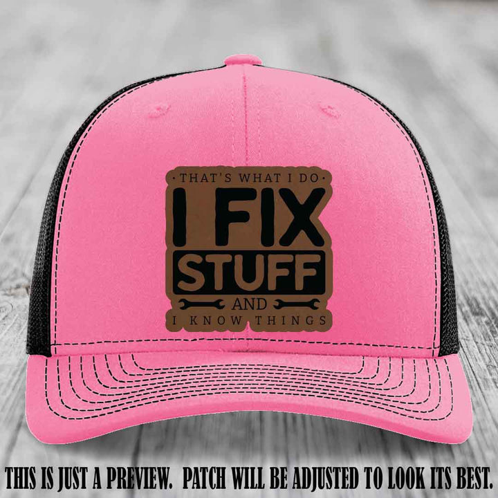 I Fix Stuff Dark Brown to Black Patch 🛠️ Leather Patch Hat on Hot Pink to Black Hat
