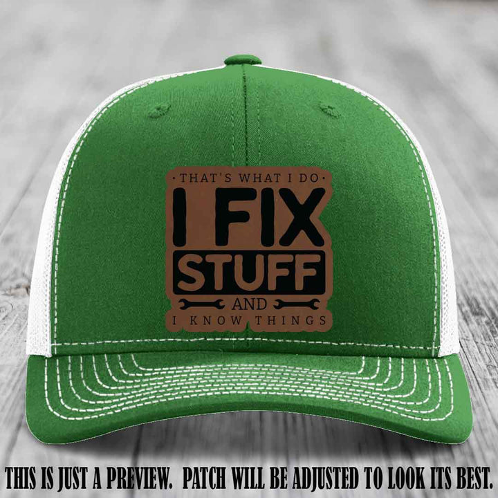 I Fix Stuff Dark Brown to Black Patch 🛠️ Leather Patch Hat on Kelly to White Hat