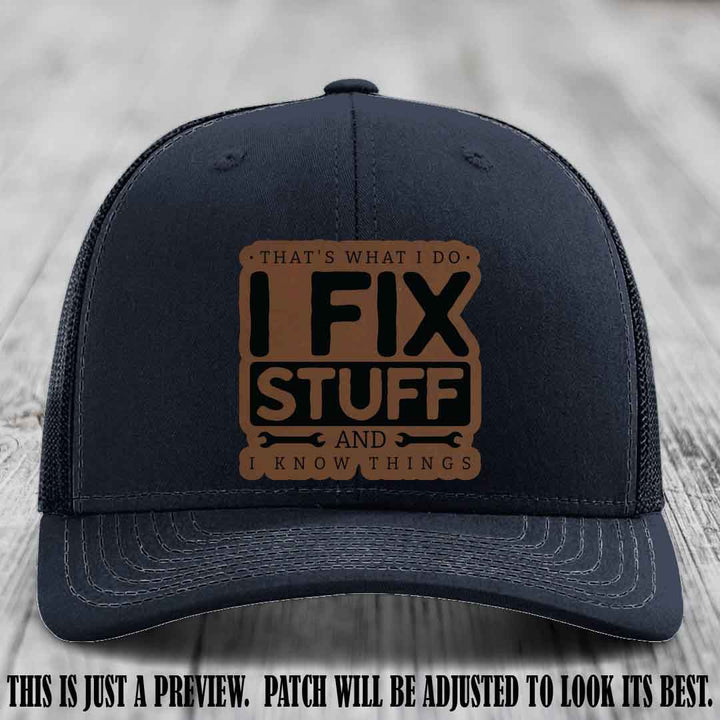I Fix Stuff Dark Brown to Black Patch 🛠️ Leather Patch Hat on Navy Hat