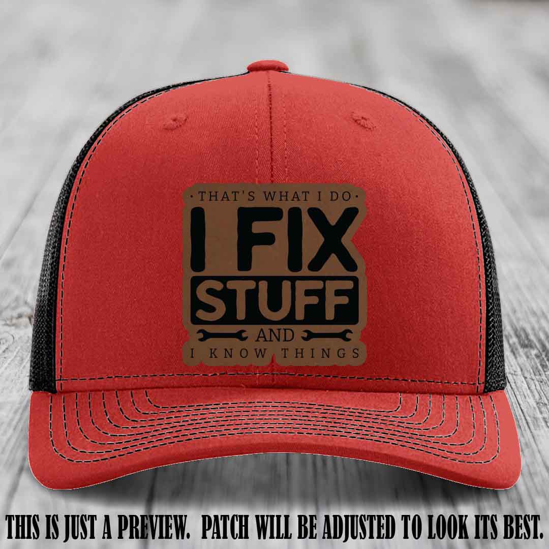 I Fix Stuff Dark Brown to Black Patch 🛠️ Leather Patch Hat on Red to Black Hat