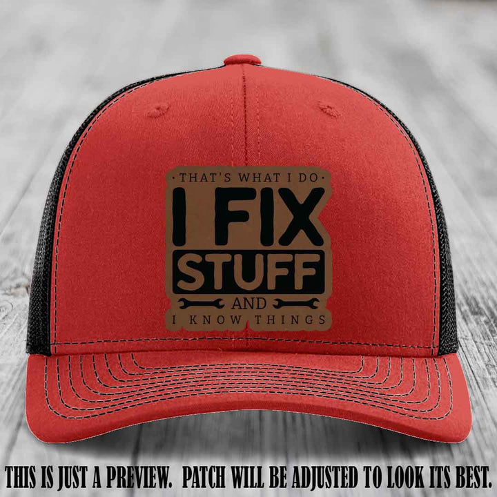 I Fix Stuff Dark Brown to Black Patch 🛠️ Leather Patch Hat on Red to Black Hat