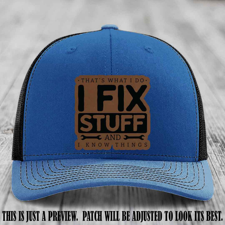 I Fix Stuff Dark Brown to Black Patch 🛠️ Leather Patch Hat on Royal to Black Hat
