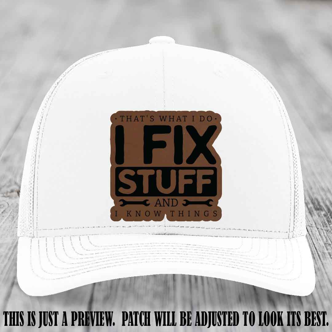 I Fix Stuff Dark Brown to Black Patch 🛠️ Leather Patch Hat on White Hat