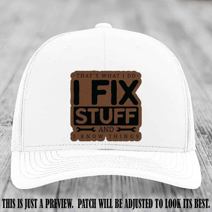 I Fix Stuff Dark Brown to Black Patch 🛠️ Leather Patch Hat on White Hat