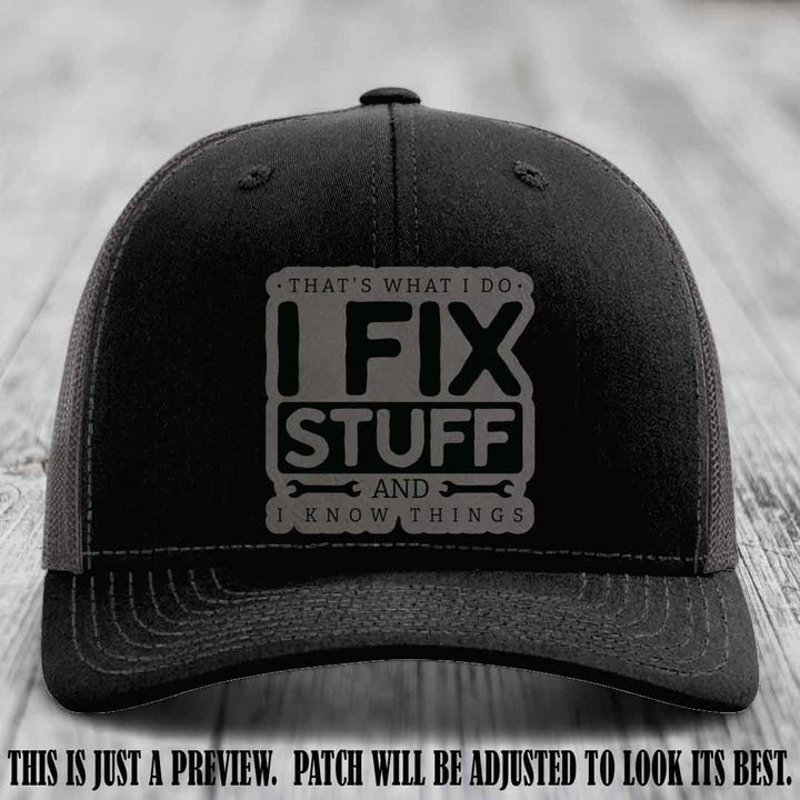 I Fix Stuff Grey to Black Patch 🛠️ Leather Patch Hat on Black to Charcoal Hat