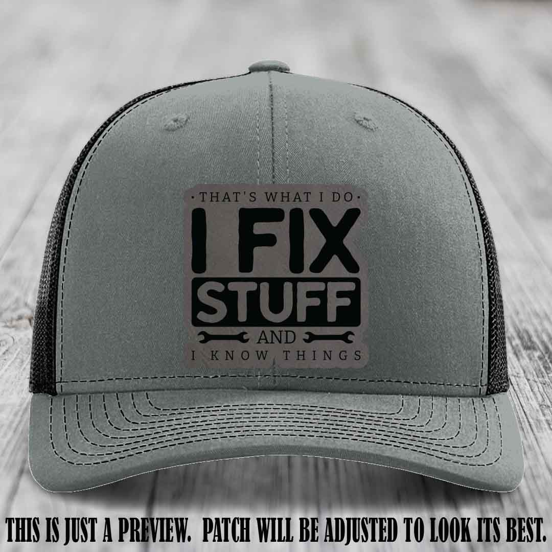I Fix Stuff Grey to Black Patch 🛠️ Leather Patch Hat on Heather Grey to Black Hat