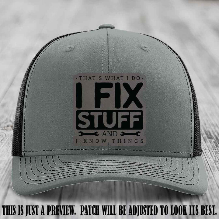 I Fix Stuff Grey to Black Patch 🛠️ Leather Patch Hat on Heather Grey to Black Hat