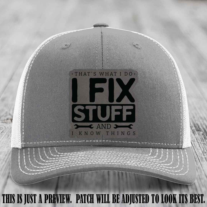 I Fix Stuff Grey to Black Patch 🛠️ Leather Patch Hat on Heather Grey to White Hat