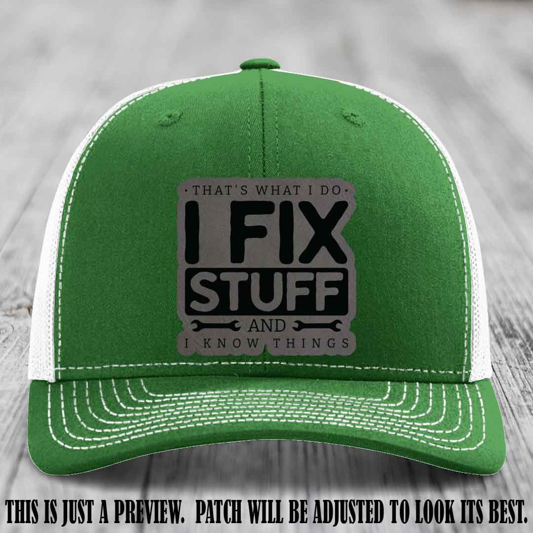 I Fix Stuff Grey to Black Patch 🛠️ Leather Patch Hat on Kelly to White Hat