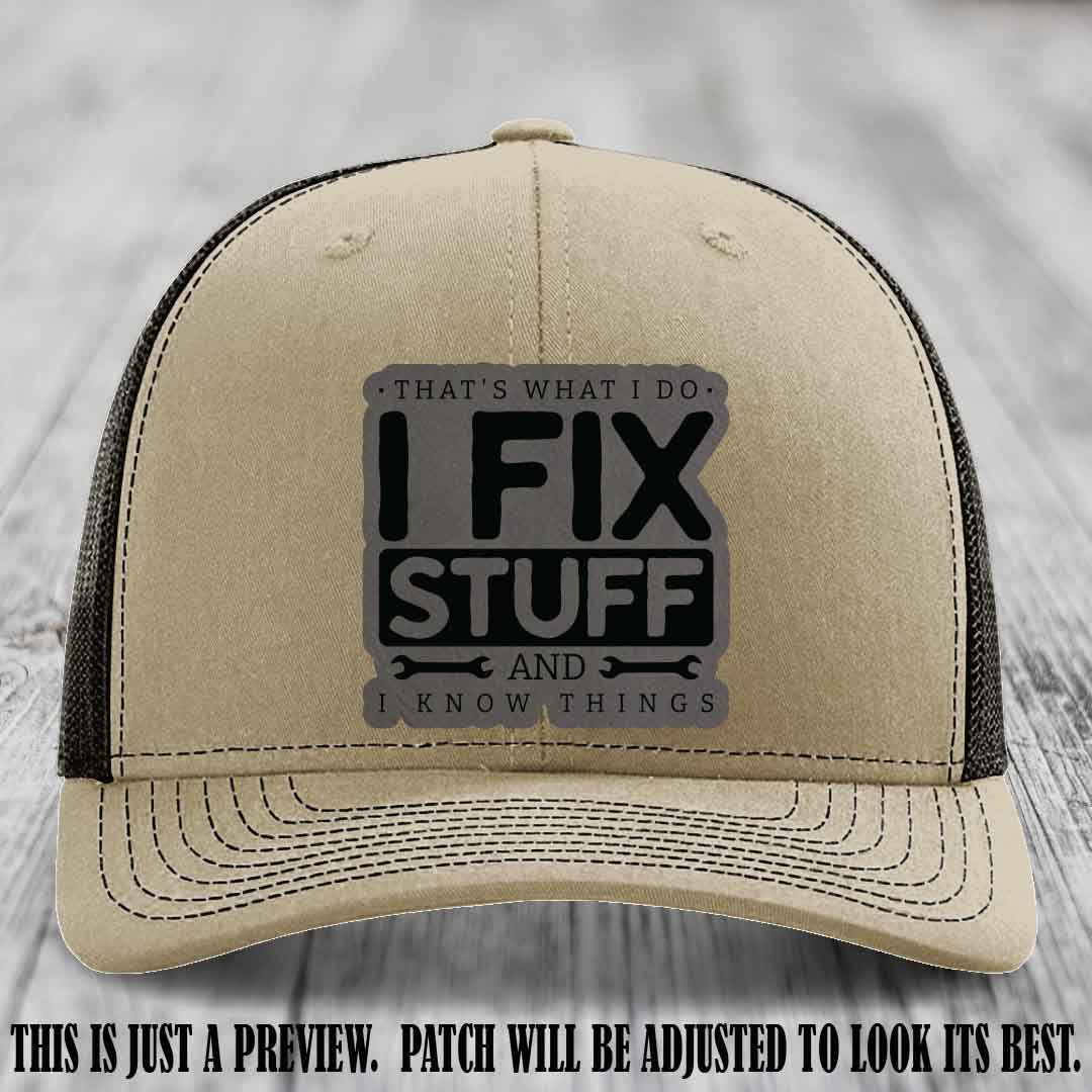 I Fix Stuff Grey to Black Patch 🛠️ Leather Patch Hat on Khaki to Coffee Hat