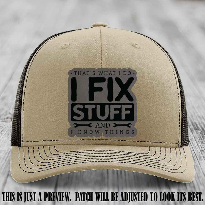 I Fix Stuff Grey to Black Patch 🛠️ Leather Patch Hat on Khaki to Coffee Hat