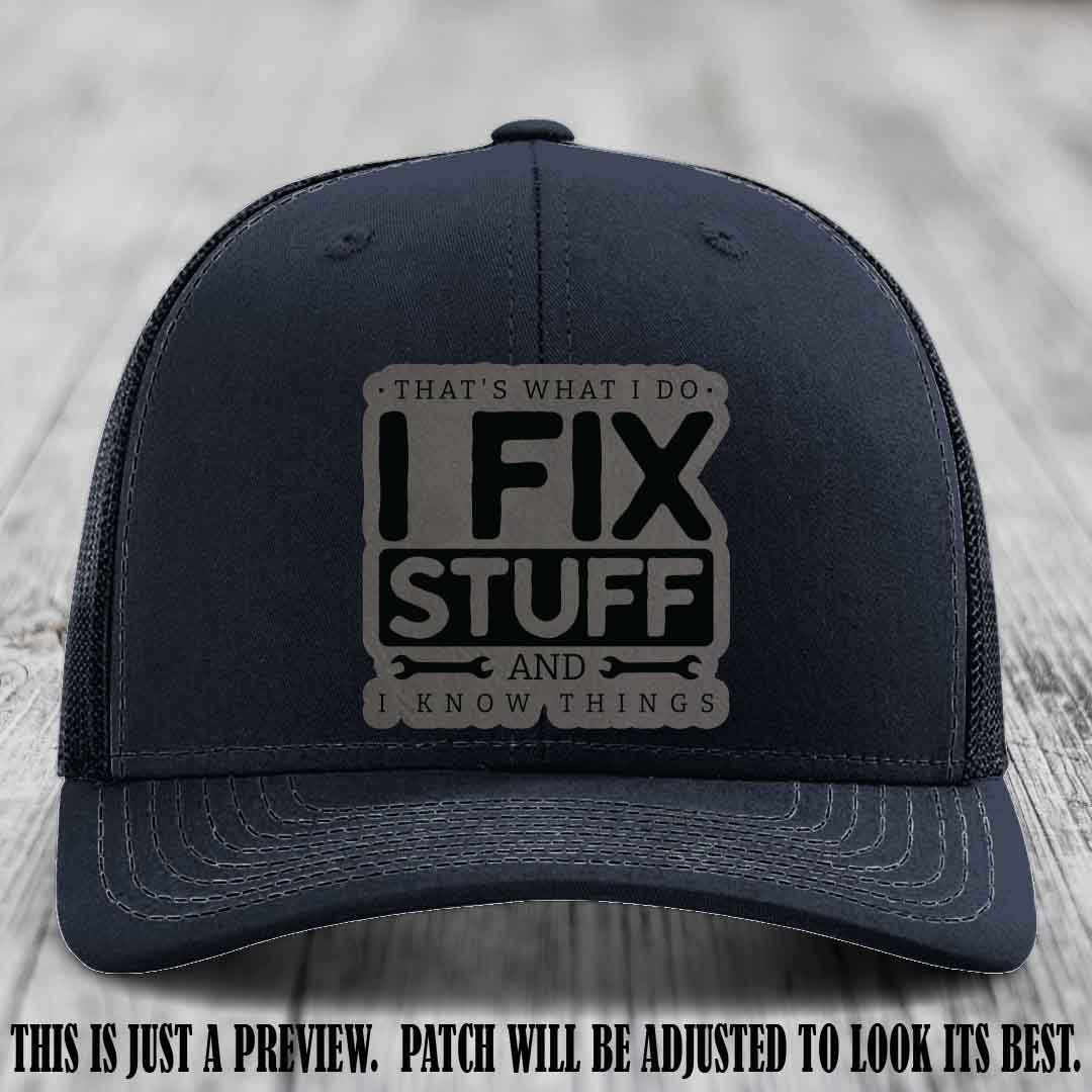 I Fix Stuff Grey to Black Patch 🛠️ Leather Patch Hat on Navy Hat