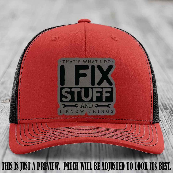 I Fix Stuff Grey to Black Patch 🛠️ Leather Patch Hat on Red to Black Hat