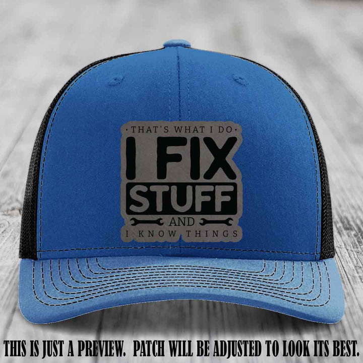 I Fix Stuff Grey to Black Patch 🛠️ Leather Patch Hat on Royal to Black Hat