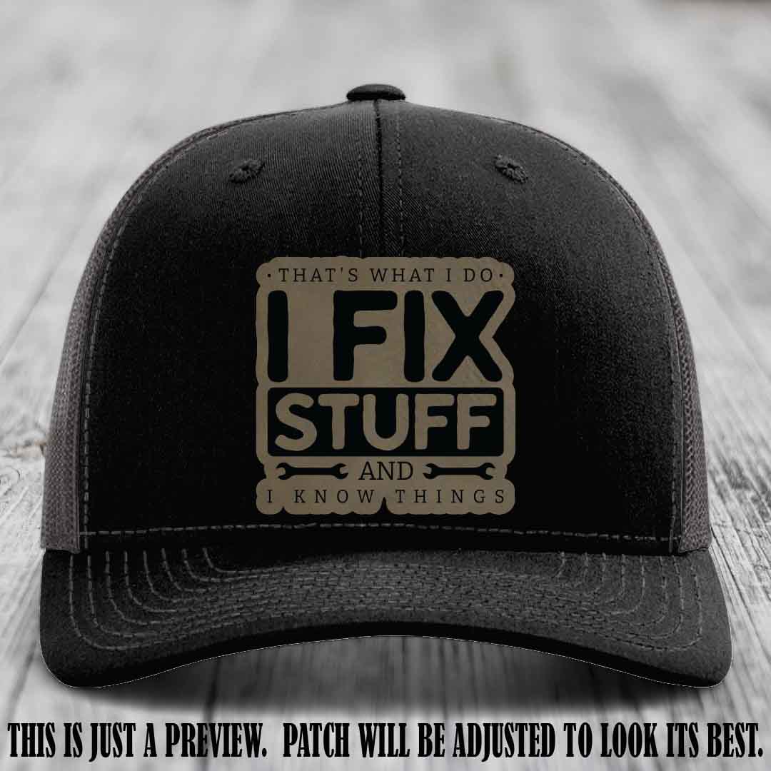 I Fix Stuff Light Brown to Black Patch 🛠️ Leather Patch Hat on Black to Charcoal Hat