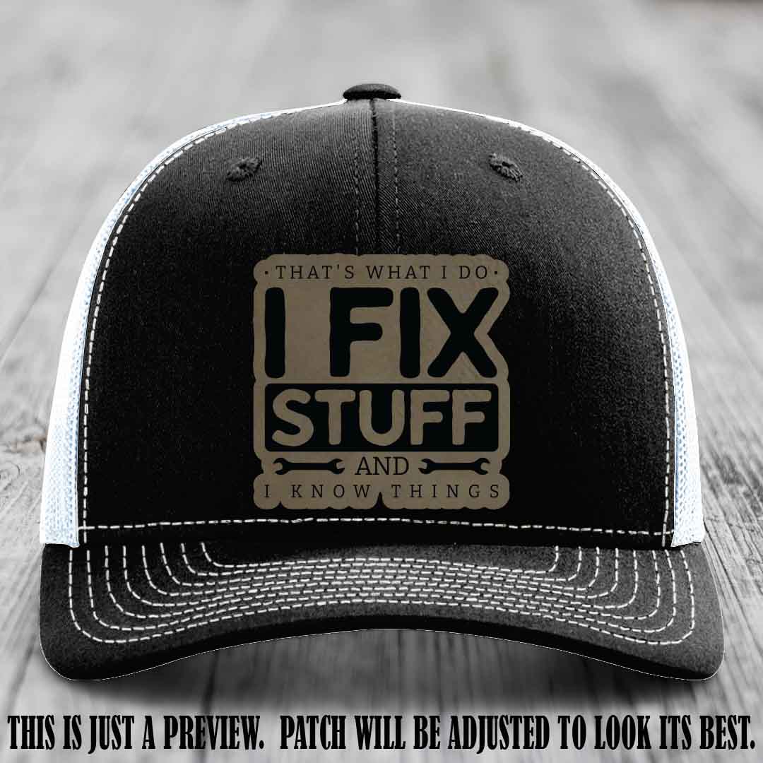 I Fix Stuff Light Brown to Black Patch 🛠️ Leather Patch Hat on Black to White Hat