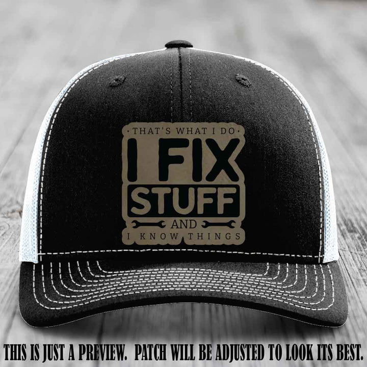 I Fix Stuff Light Brown to Black Patch 🛠️ Leather Patch Hat on Black to White Hat