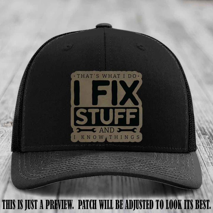 I Fix Stuff Light Brown to Black Patch 🛠️ Leather Patch Hat on Black Hat