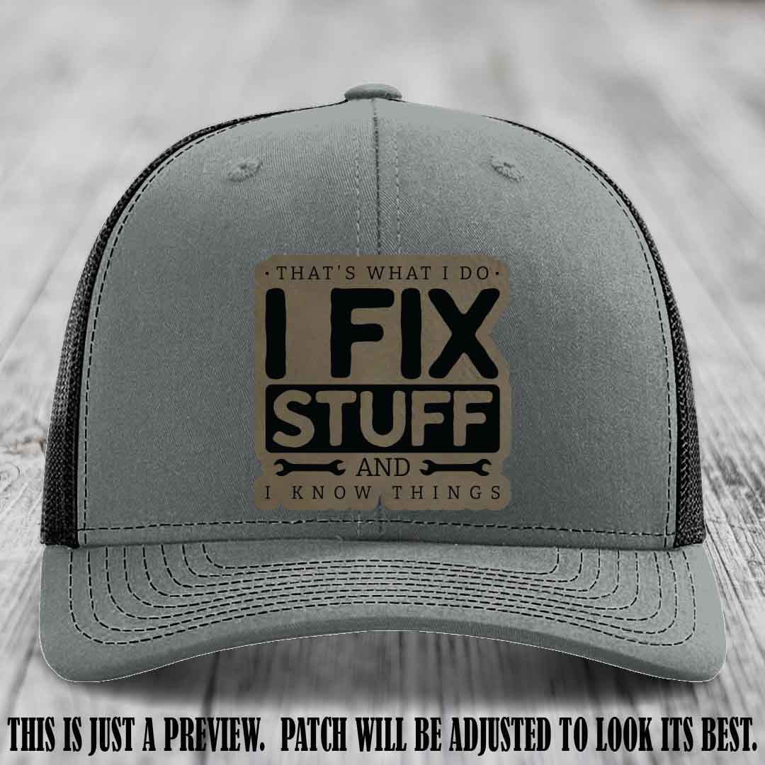 I Fix Stuff Light Brown to Black Patch 🛠️ Leather Patch Hat on Heather Grey to Black Hat