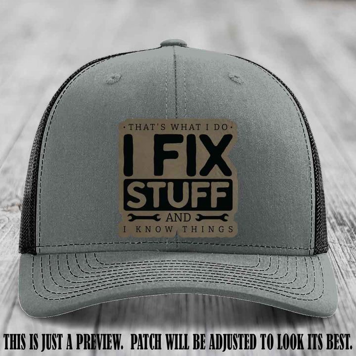 I Fix Stuff Light Brown to Black Patch 🛠️ Leather Patch Hat on Heather Grey to Black Hat