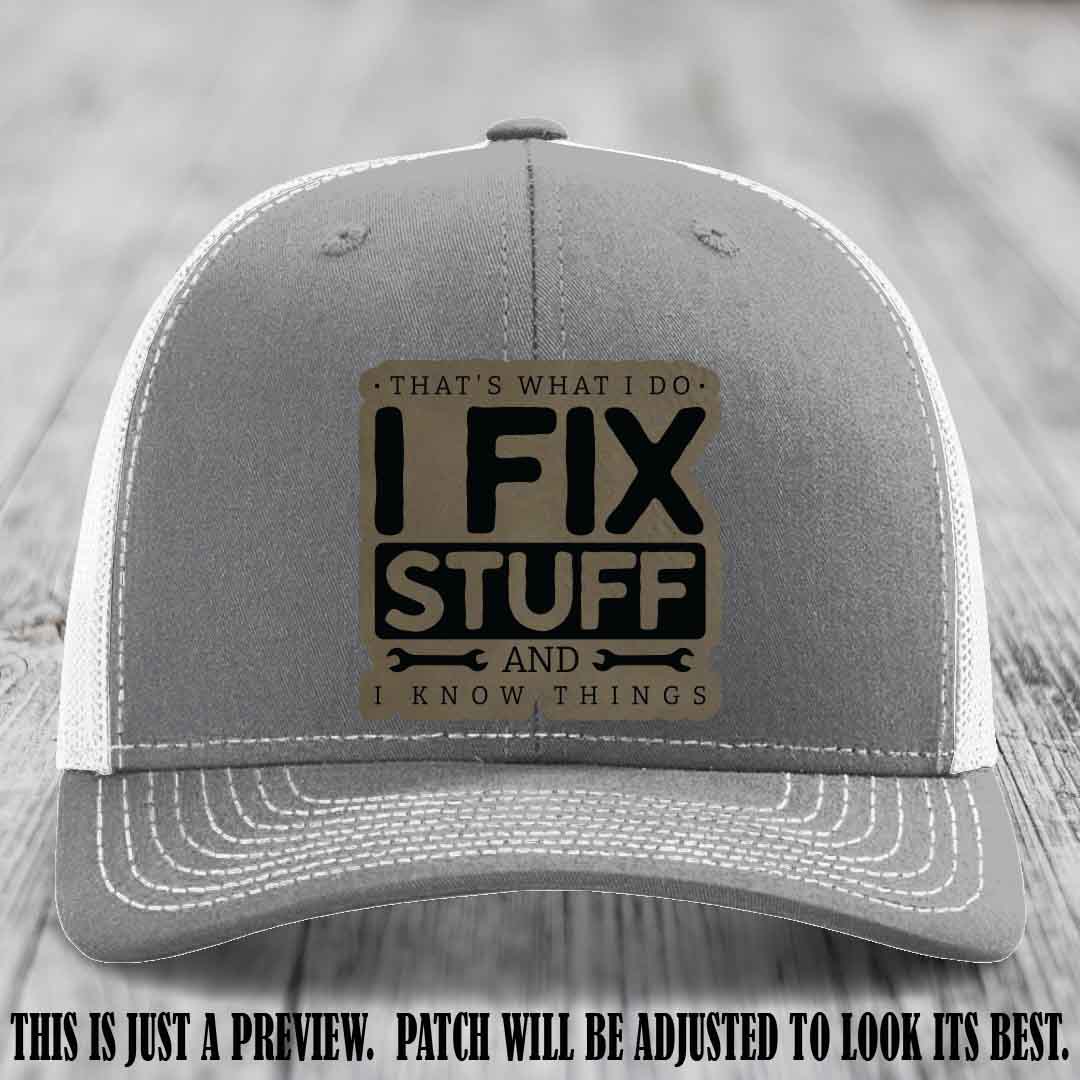 I Fix Stuff Light Brown to Black Patch 🛠️ Leather Patch Hat on Heather Grey to White Hat