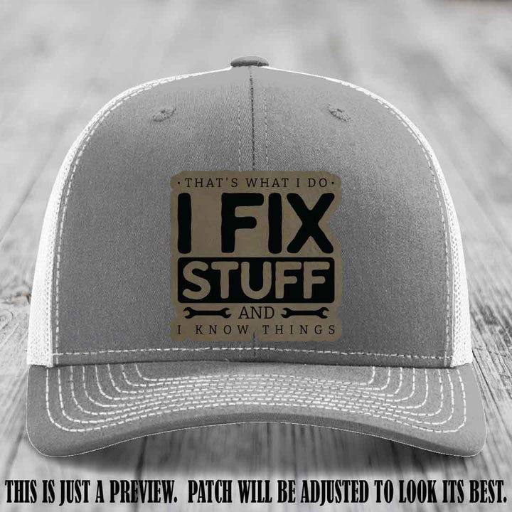 I Fix Stuff Light Brown to Black Patch 🛠️ Leather Patch Hat on Heather Grey to White Hat