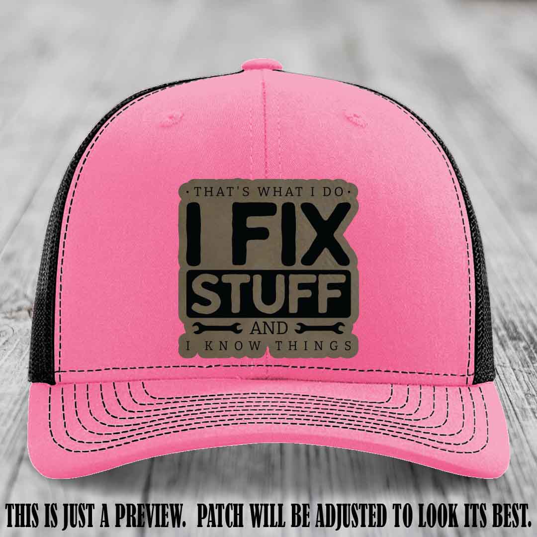 I Fix Stuff Light Brown to Black Patch 🛠️ Leather Patch Hat on Hot Pink to Black Hat