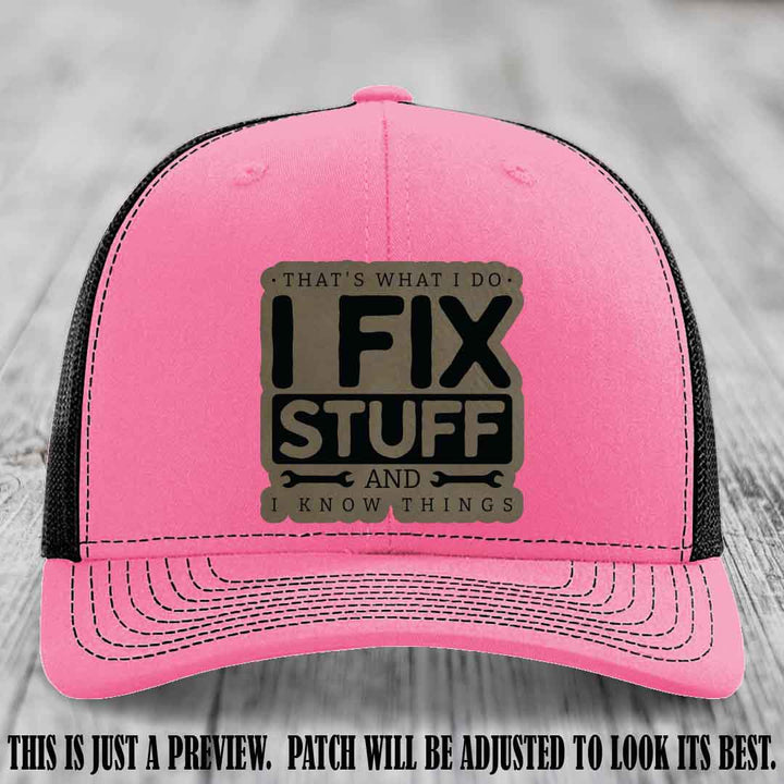 I Fix Stuff Light Brown to Black Patch 🛠️ Leather Patch Hat on Hot Pink to Black Hat