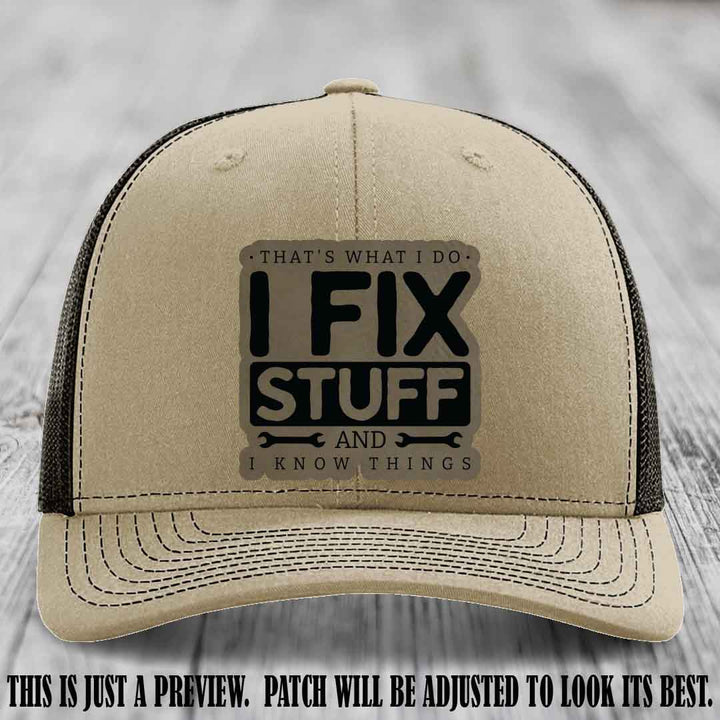 I Fix Stuff Light Brown to Black Patch 🛠️ Leather Patch Hat on Khaki to Coffee Hat