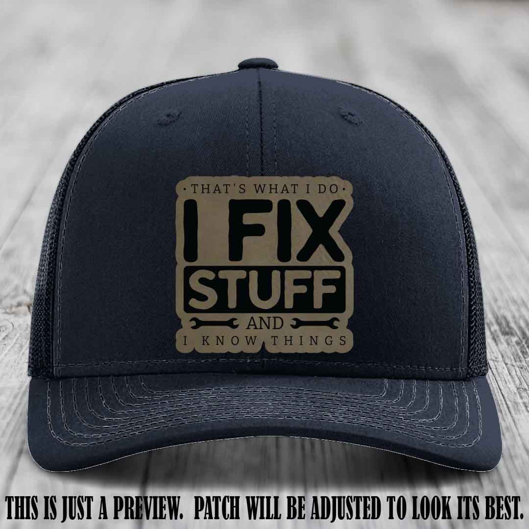 I Fix Stuff Light Brown to Black Patch 🛠️ Leather Patch Hat on Navy Hat