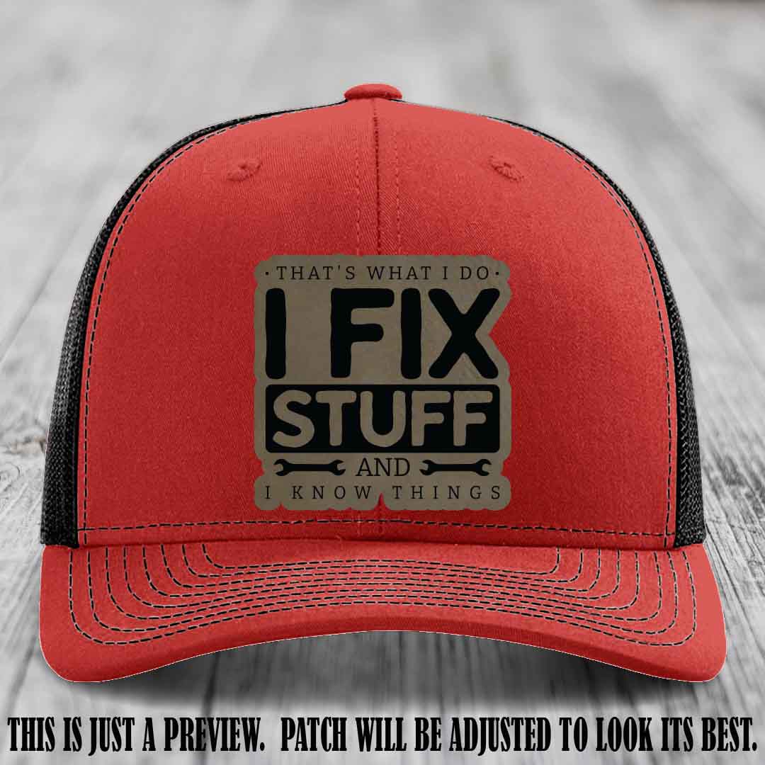 I Fix Stuff Light Brown to Black Patch 🛠️ Leather Patch Hat on Red to Black Hat